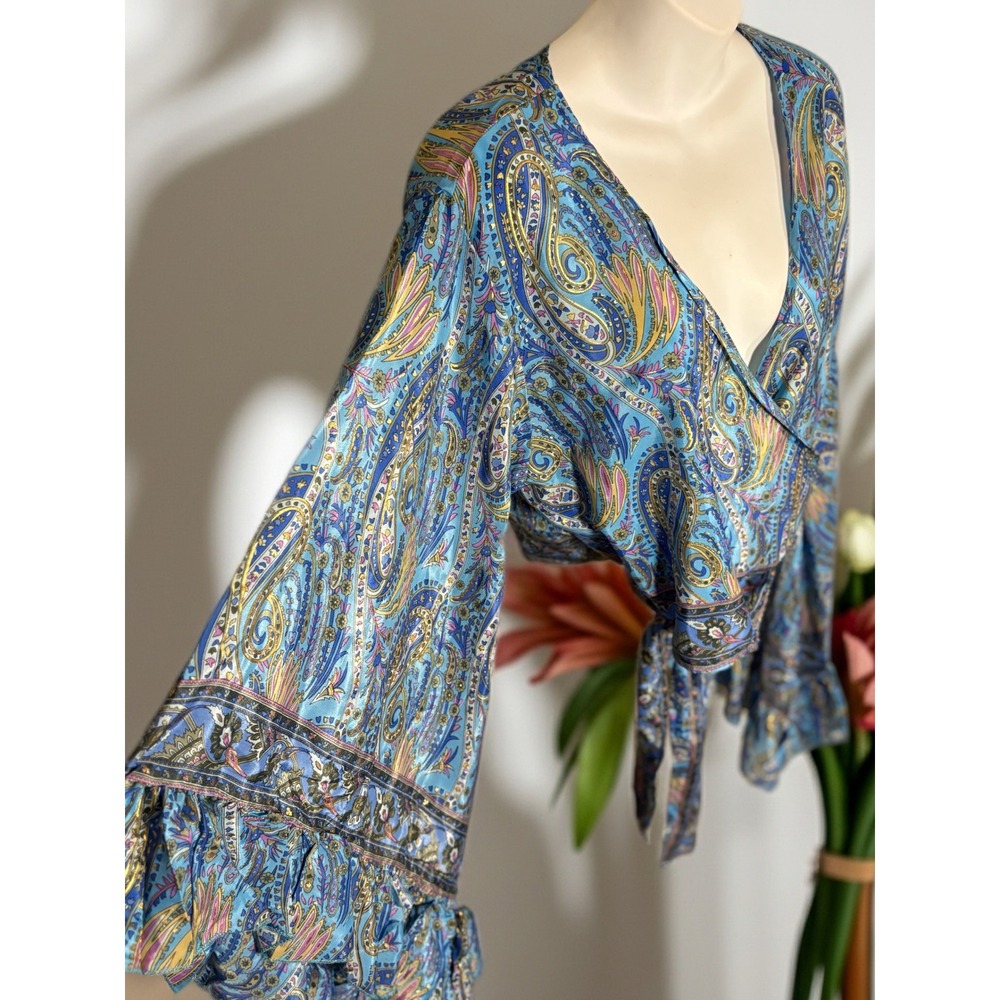 Silk Boho Paisley BellSleeve WrapTop ‎ Romantic Festival Cottagecore Blouse - Picture 5 of 8